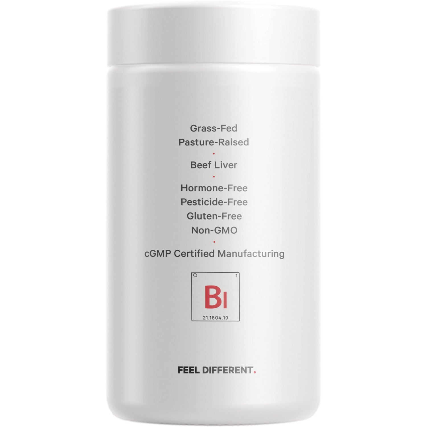 CDG023 | back label listing Grass-Fed, Pasture-Raised, Beef Liver, Hormone-Free, Pesticide-Free, Gluten-Free, Non-GMO, cGMP Certified Manufacturing and FEEL DIFFERENT