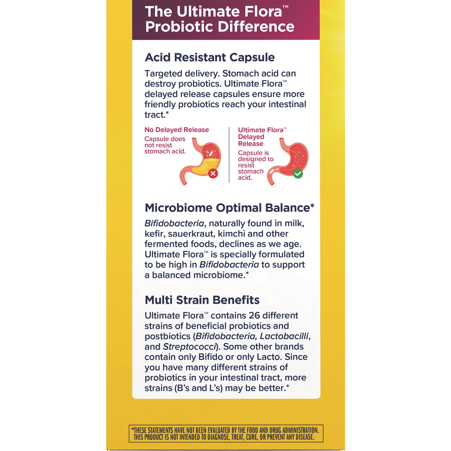 RNL257 | back panel of probiotic box showing acid resistant capsule diagram, microbiome balance and multi-strain benefits