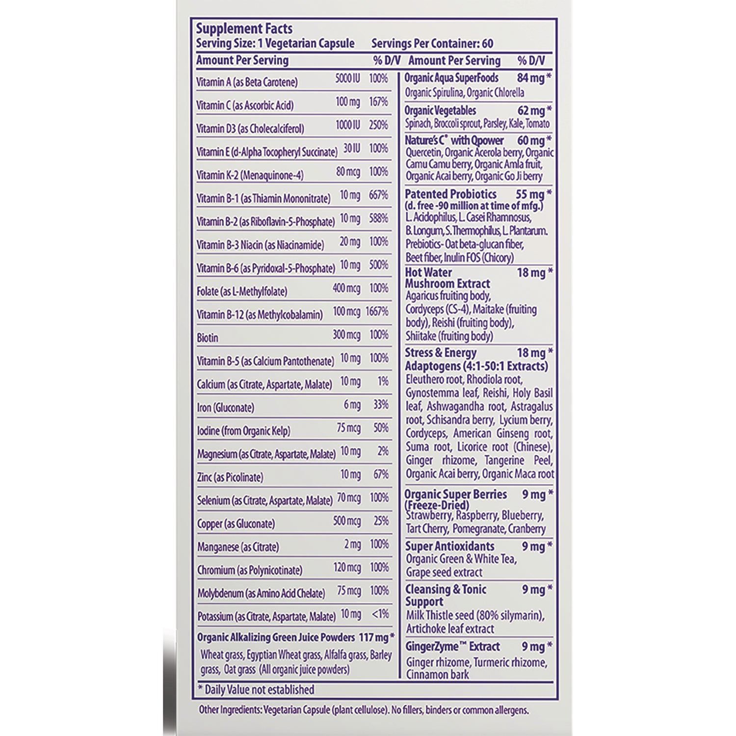 PRH011 | Supplement Facts panel showing serving size, vitamin and mineral amounts and herbal blends