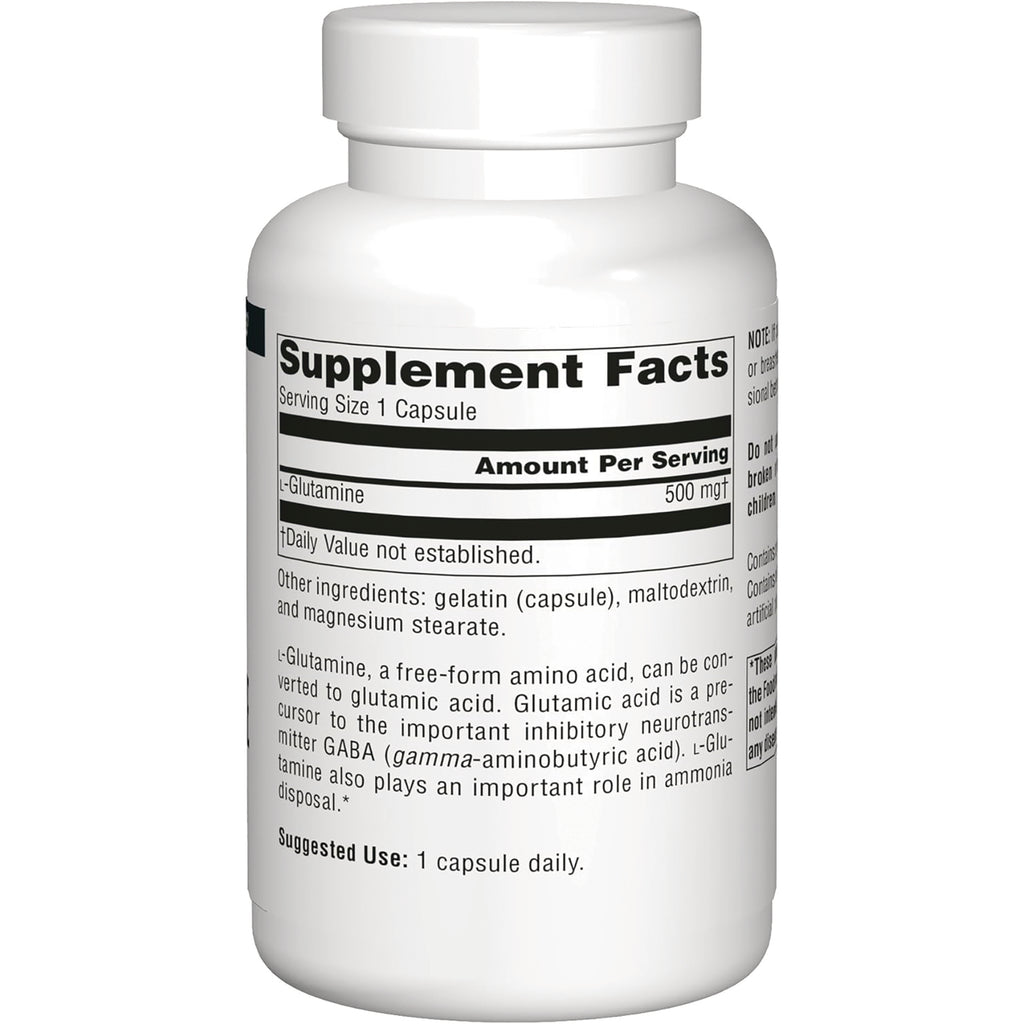 SN444 | Back label with Supplement Facts for L-Glutamine 500 mg per capsule and suggested use - Thumbnail