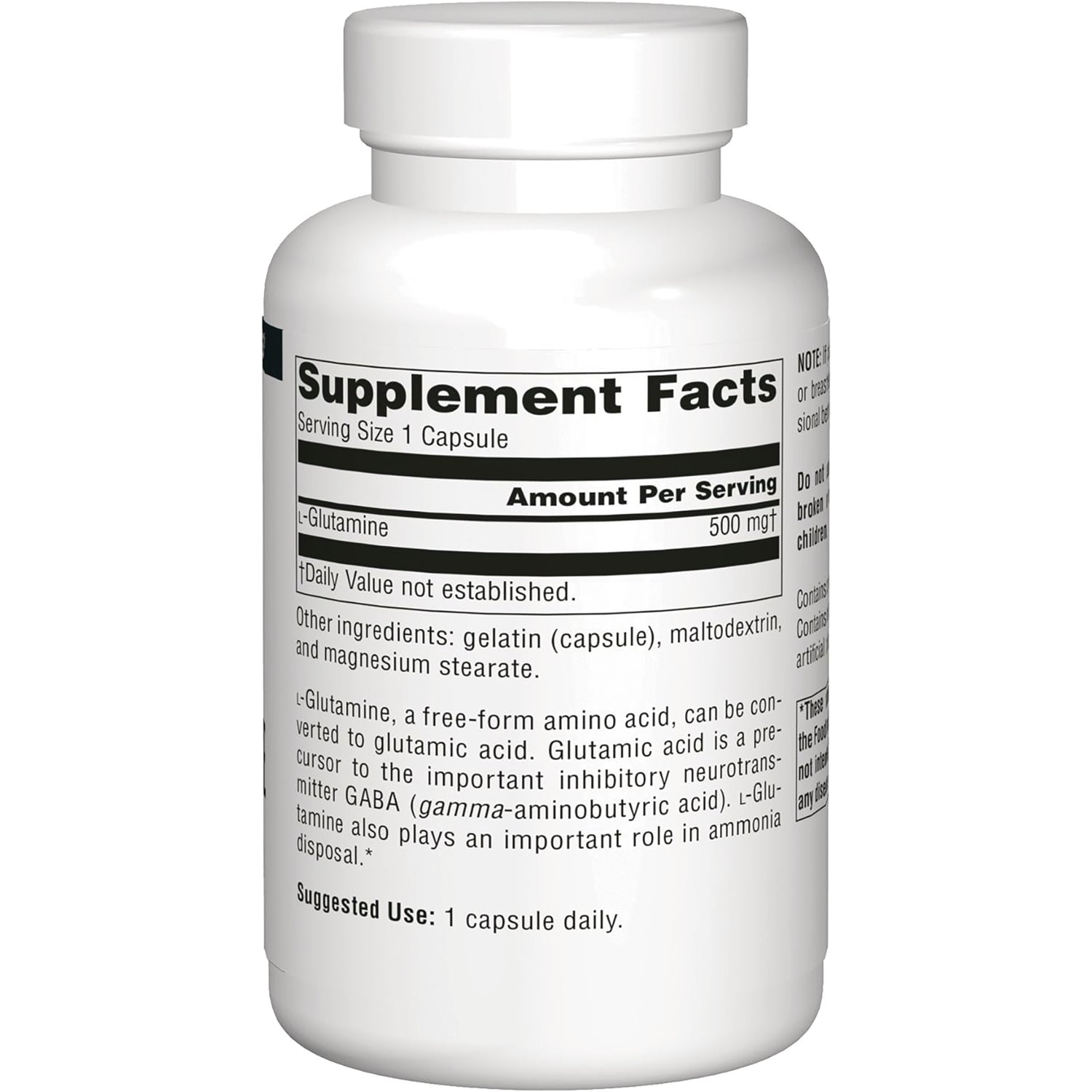 SN444 | Back label with Supplement Facts for L-Glutamine 500 mg per capsule and suggested use