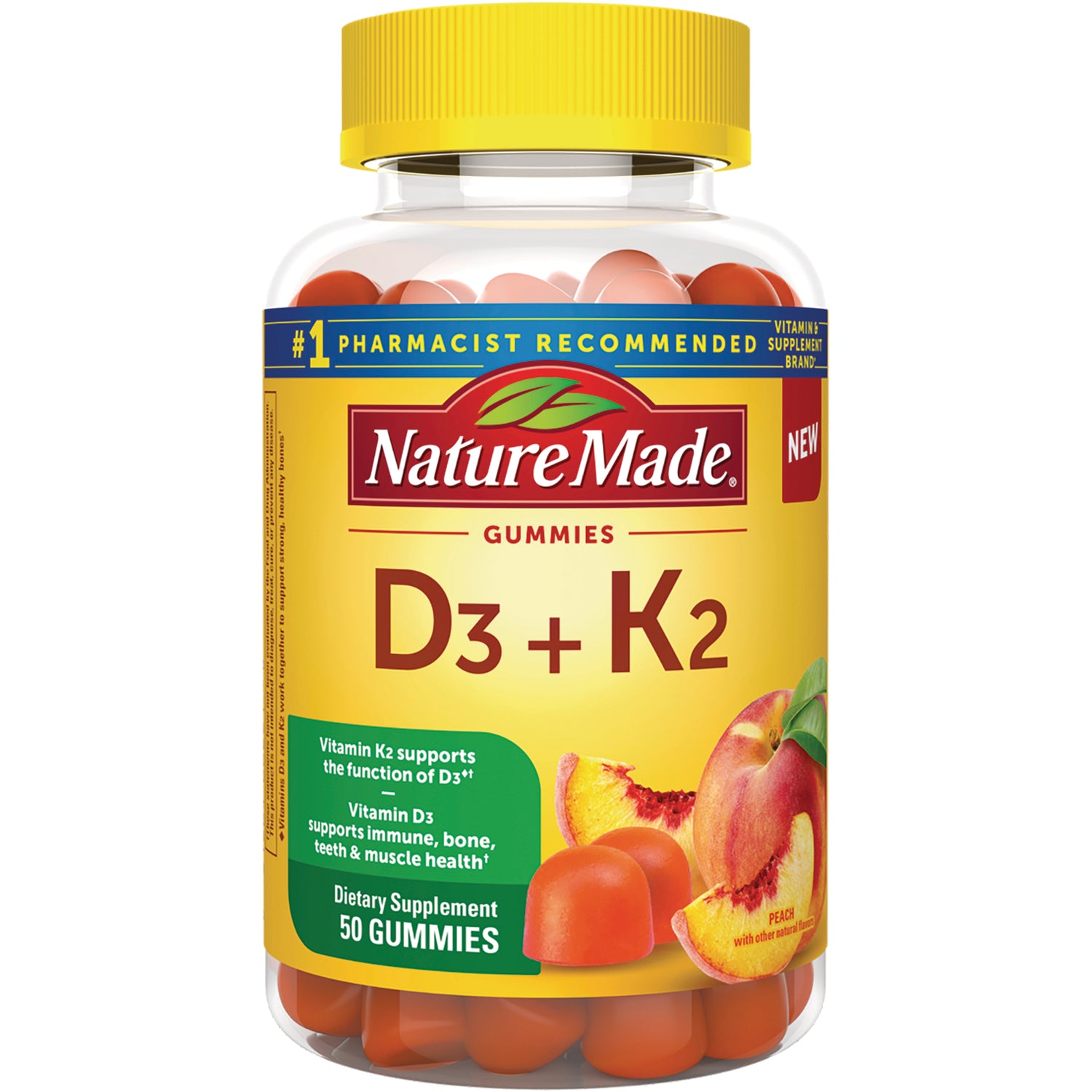 NTM136 | Nature Made D3 + K2 peach gummies bottle, 50 count, clear jar with yellow cap