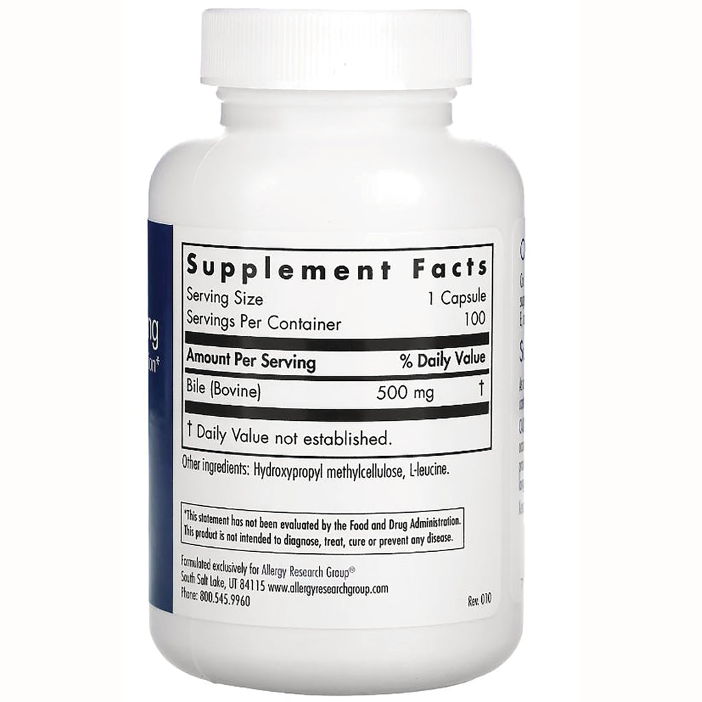 ARG015 | Back label showing Supplement Facts listing bile (bovine) 500 mg, serving size 1 capsule, other ingredients - Thumbnail