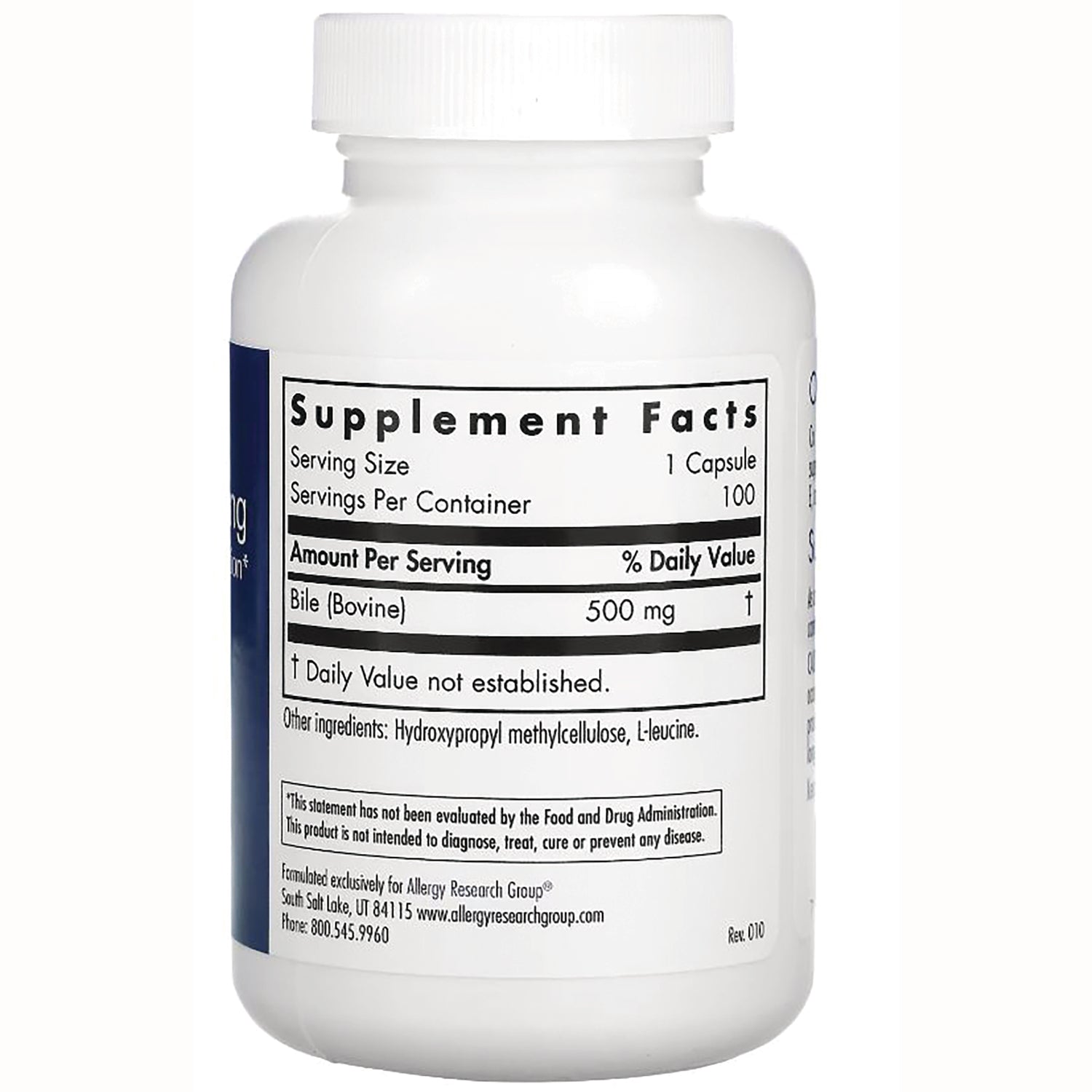 ARG015 | Back label showing Supplement Facts listing bile (bovine) 500 mg, serving size 1 capsule, other ingredients