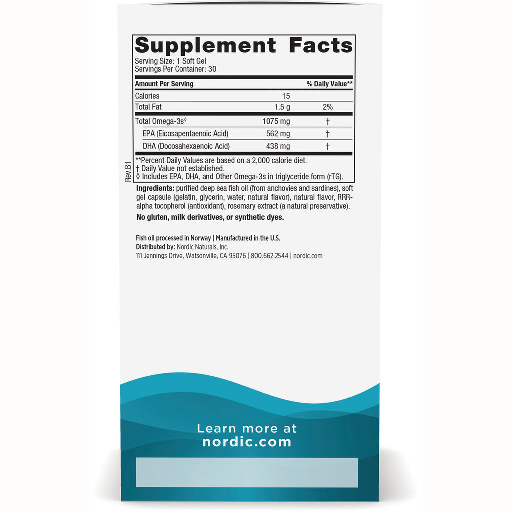 NRN137 | Supplement Facts panel showing serving size 1 soft gel, omega-3 amounts, ingredients and nordic.com - Thumbnail