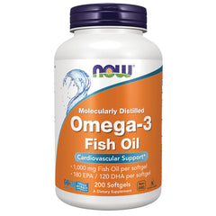 NWF1366 | NOW Omega-3 Fish Oil 200 softgels bottle, molecularly distilled, 1,000 mg per softgel
