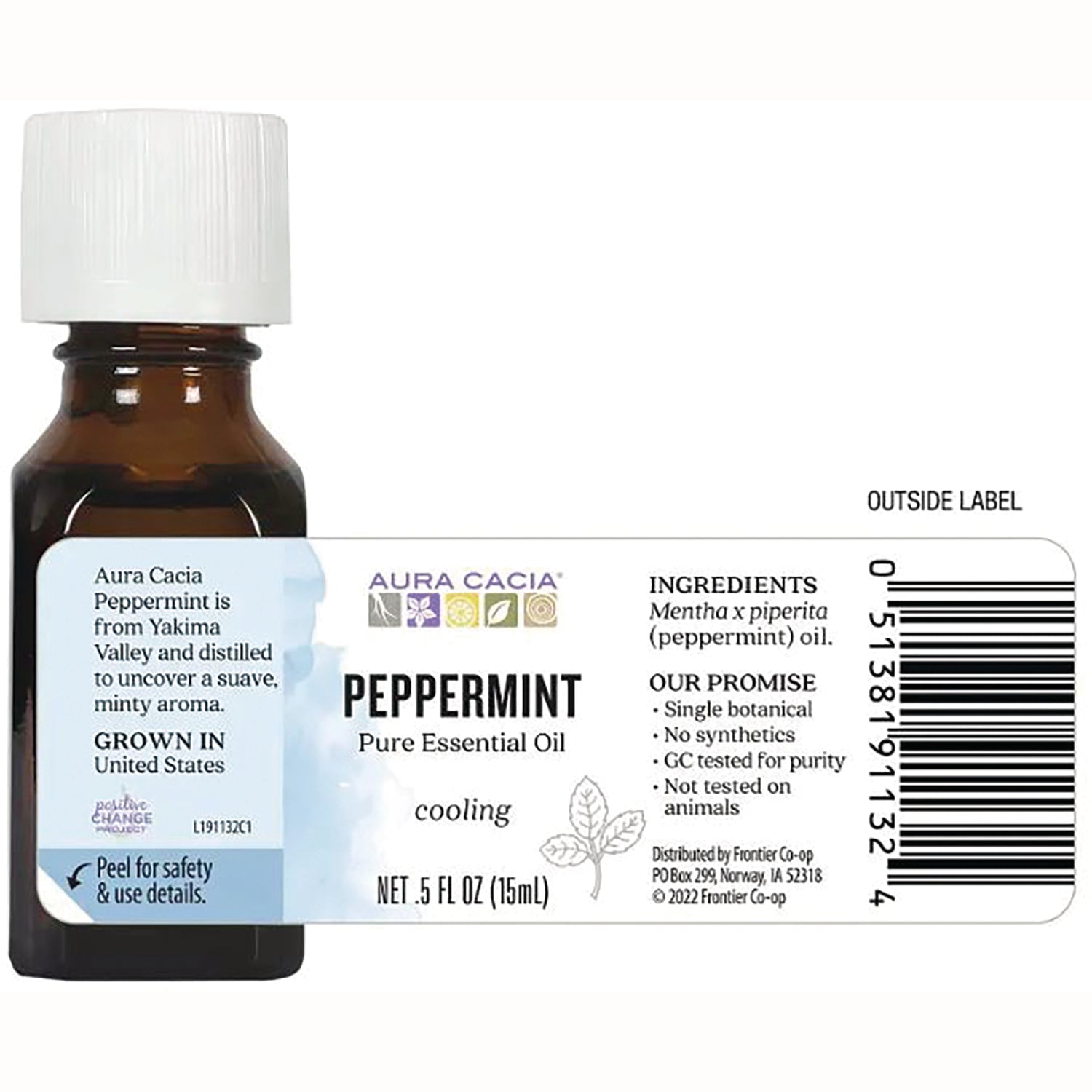 ARC005 | Back label of Aura Cacia peppermint essential oil bottle showing ingredients, net 0.5 fl oz, barcode and safety text