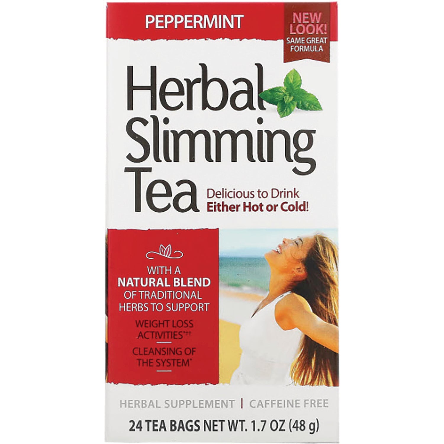 CNT153 | Peppermint Herbal Slimming Tea front box showing product name, natural blend callout, and woman on beach, 24 tea bags