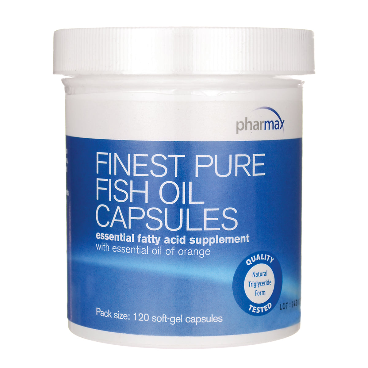 SER001 | Jar of Finest Pure Fish Oil Capsules supplement, 120 soft-gel capsules, blue label