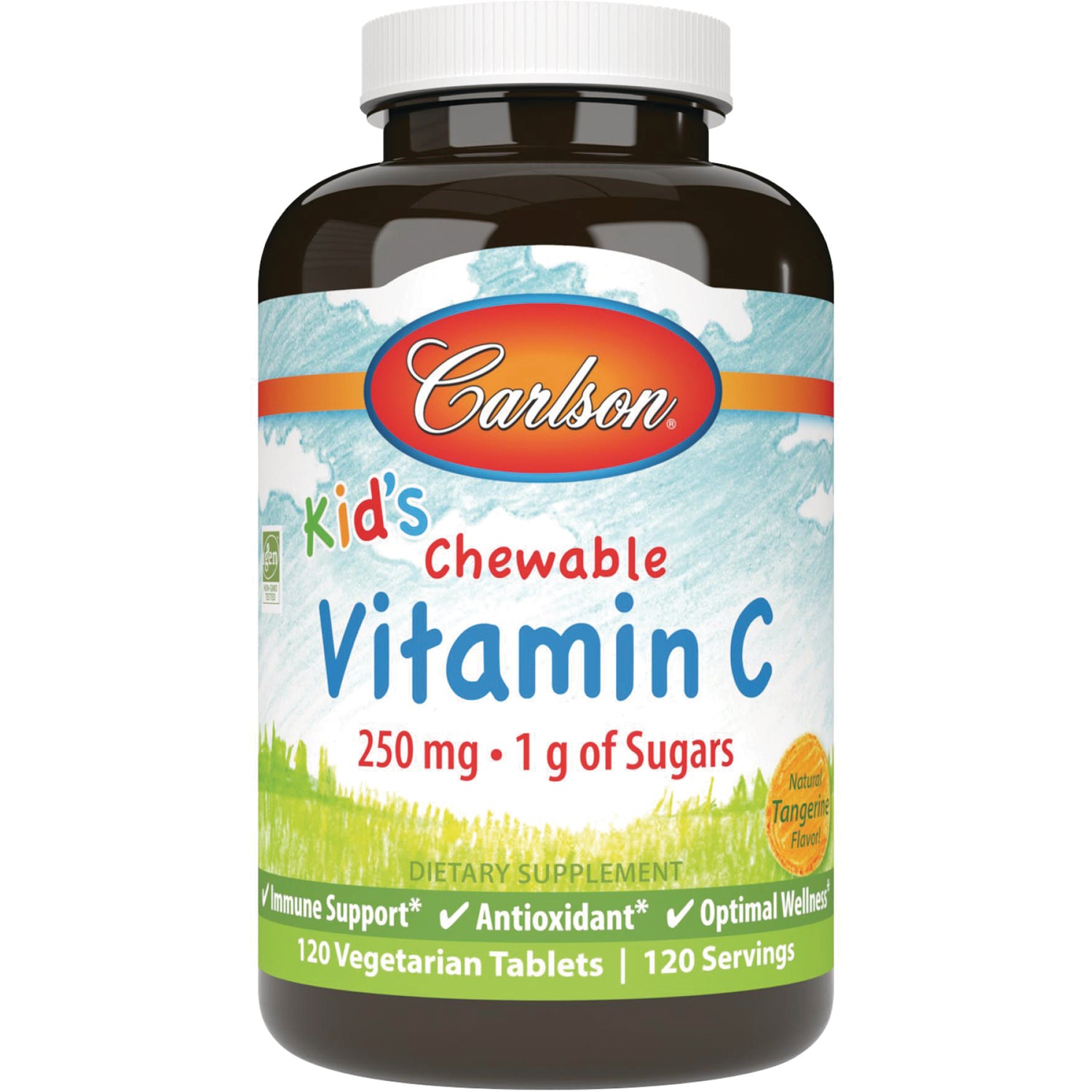 CSN088 | Carlson Kid's chewable Vitamin C 250 mg tangerine flavor bottle, 120 vegetarian tablets