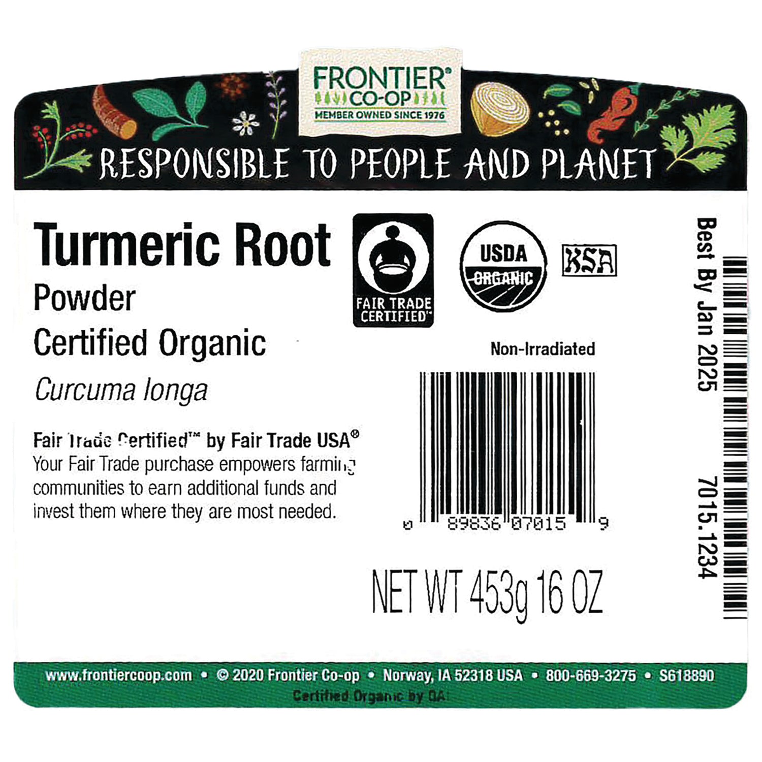 FNP364 | Back label for Frontier Co-op Turmeric Root Powder showing Certified Organic, Fair Trade and USDA logos, barcode, NET WT 453g 16 OZ