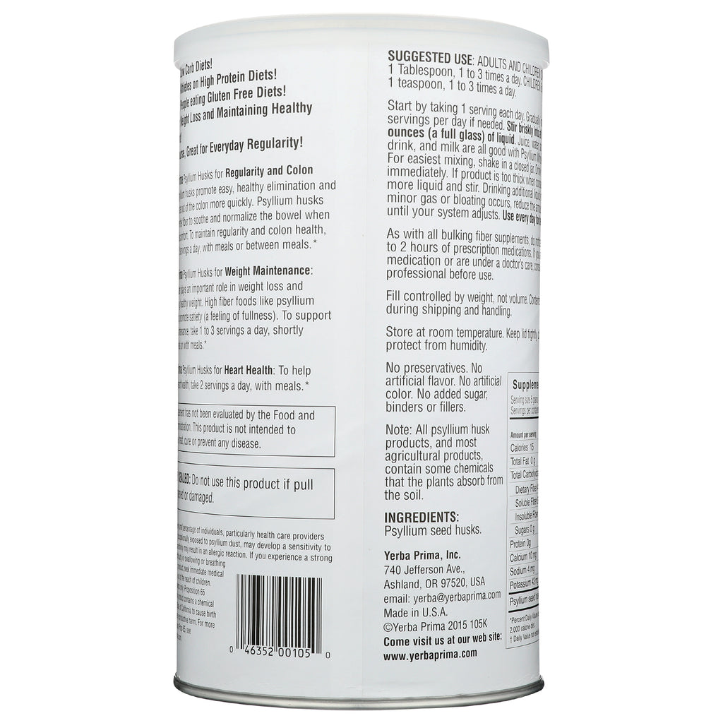 YP001 | Back of psyllium husk fiber supplement canister showing suggested use, ingredients, and Supplement Facts - Thumbnail