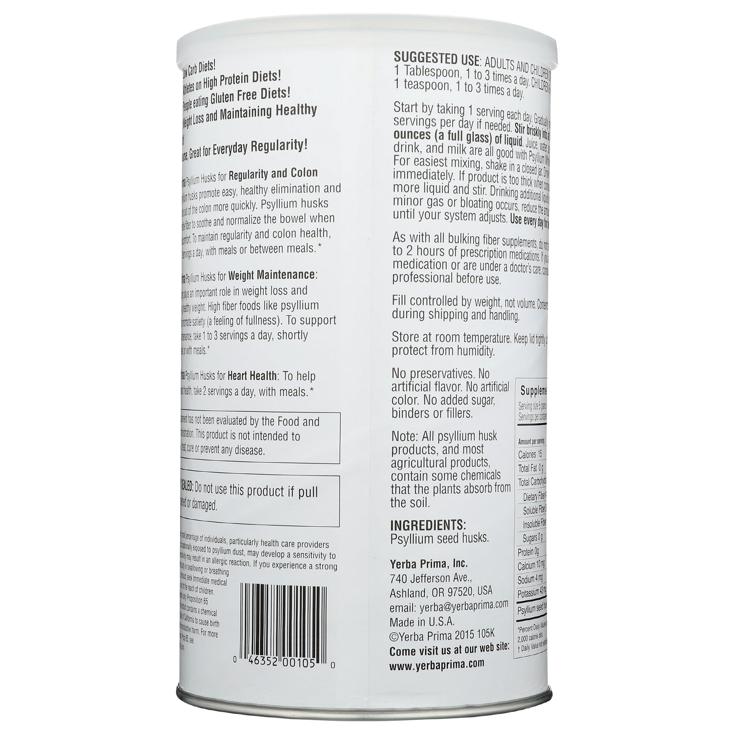 YP001 | Back of psyllium husk fiber supplement canister showing suggested use, ingredients, and Supplement Facts