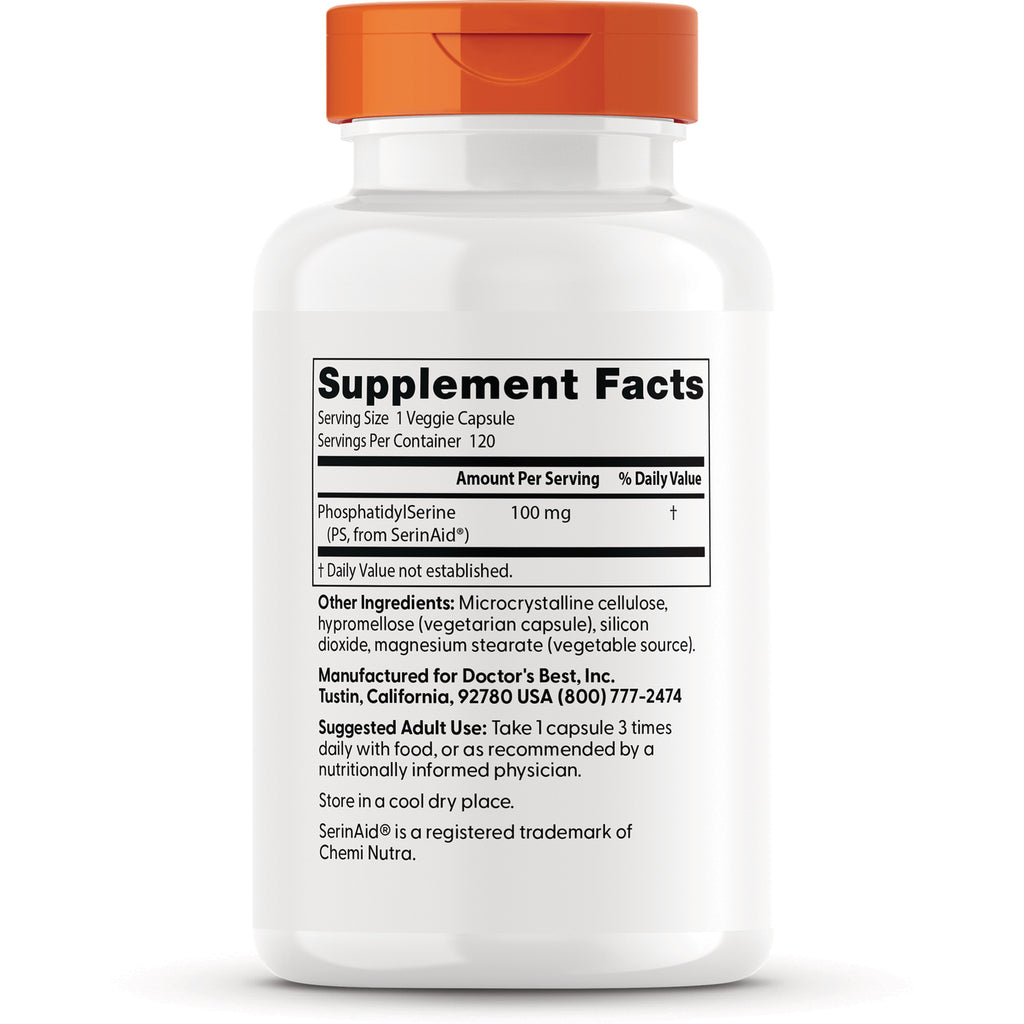 DB142 | Supplement facts and ingredients label on white bottle showing PhosphatidylSerine 100 mg and suggested use - Thumbnail