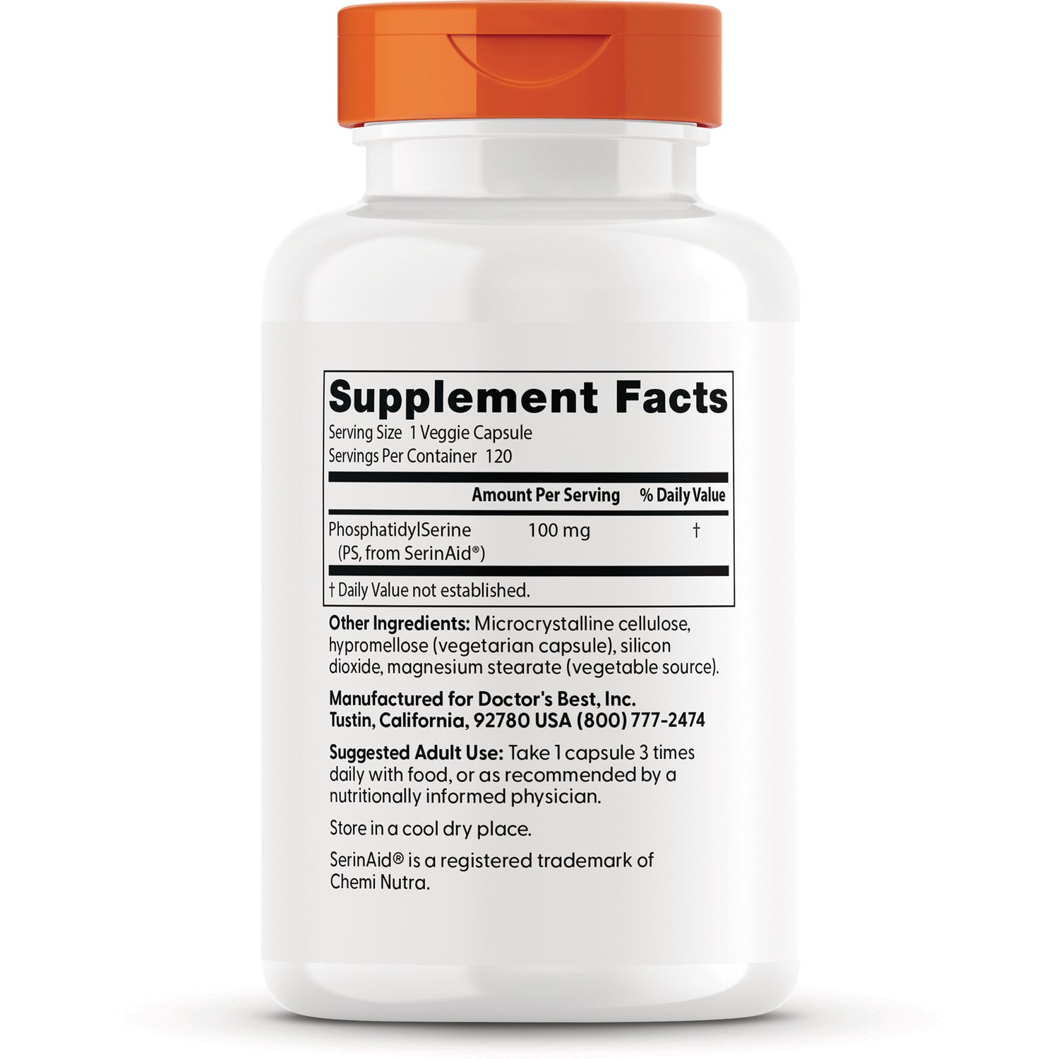DB142 | Supplement facts and ingredients label on white bottle showing PhosphatidylSerine 100 mg and suggested use