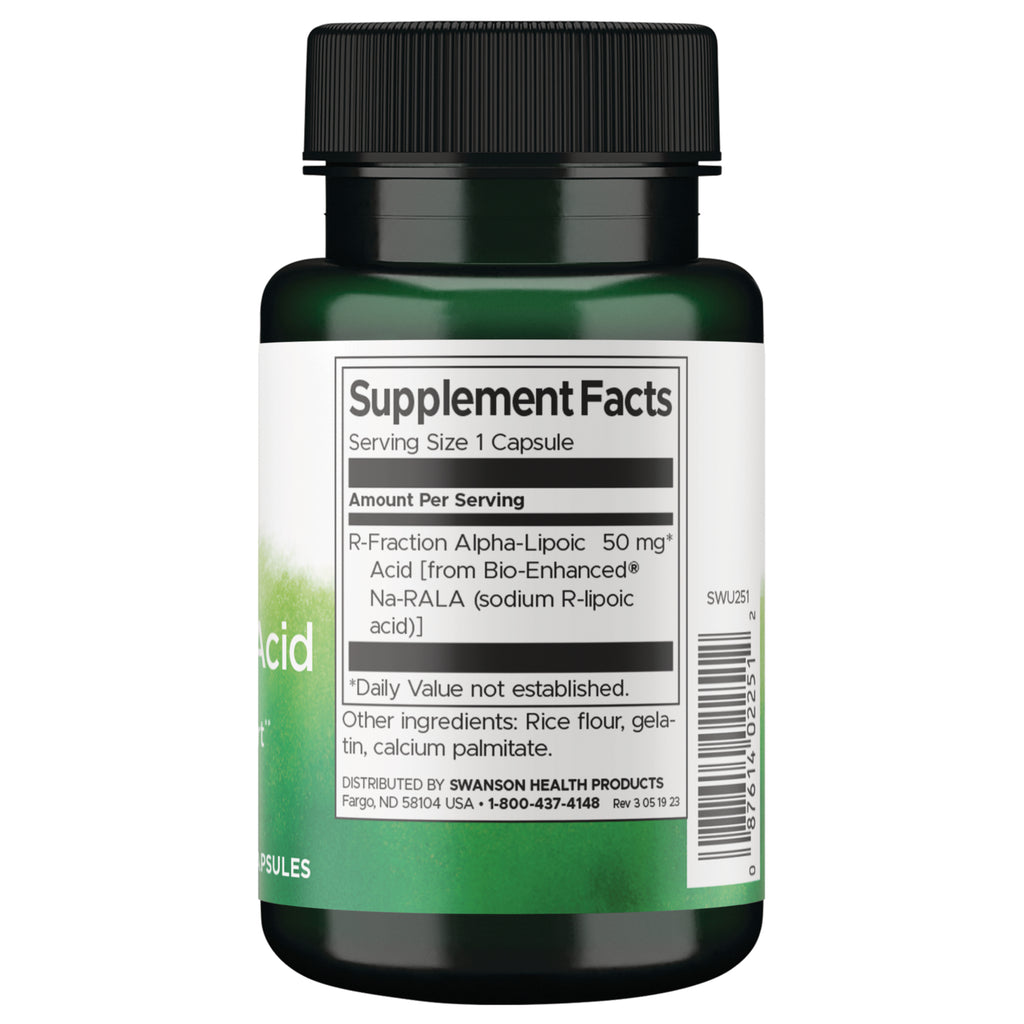 SWU251 | Back label with Supplement Facts and other ingredients for R-Fraction Alpha-Lipoic Acid 50 mg - Thumbnail