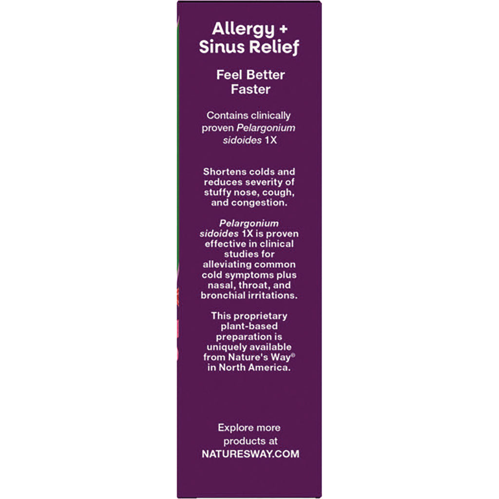 NW1053 | Back panel of Allergy + Sinus Relief box showing product claims, Pelargonium sidoides 1X and NATURESWAY.COM - Thumbnail