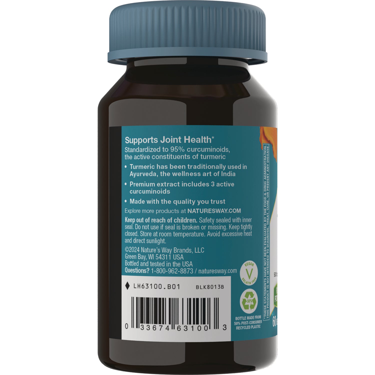 NW534 | Back label of turmeric supplement bottle reading Supports Joint Health, instructions and barcode