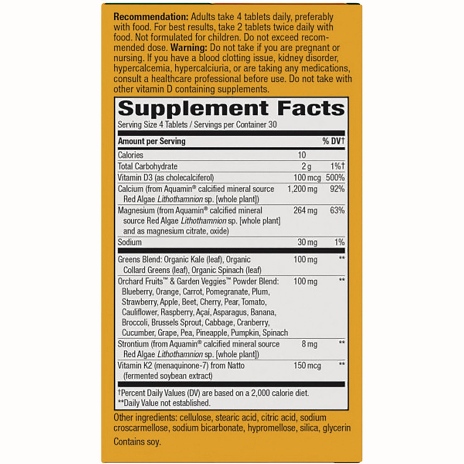 NW816 | Supplement Facts panel and warnings on orange product back label