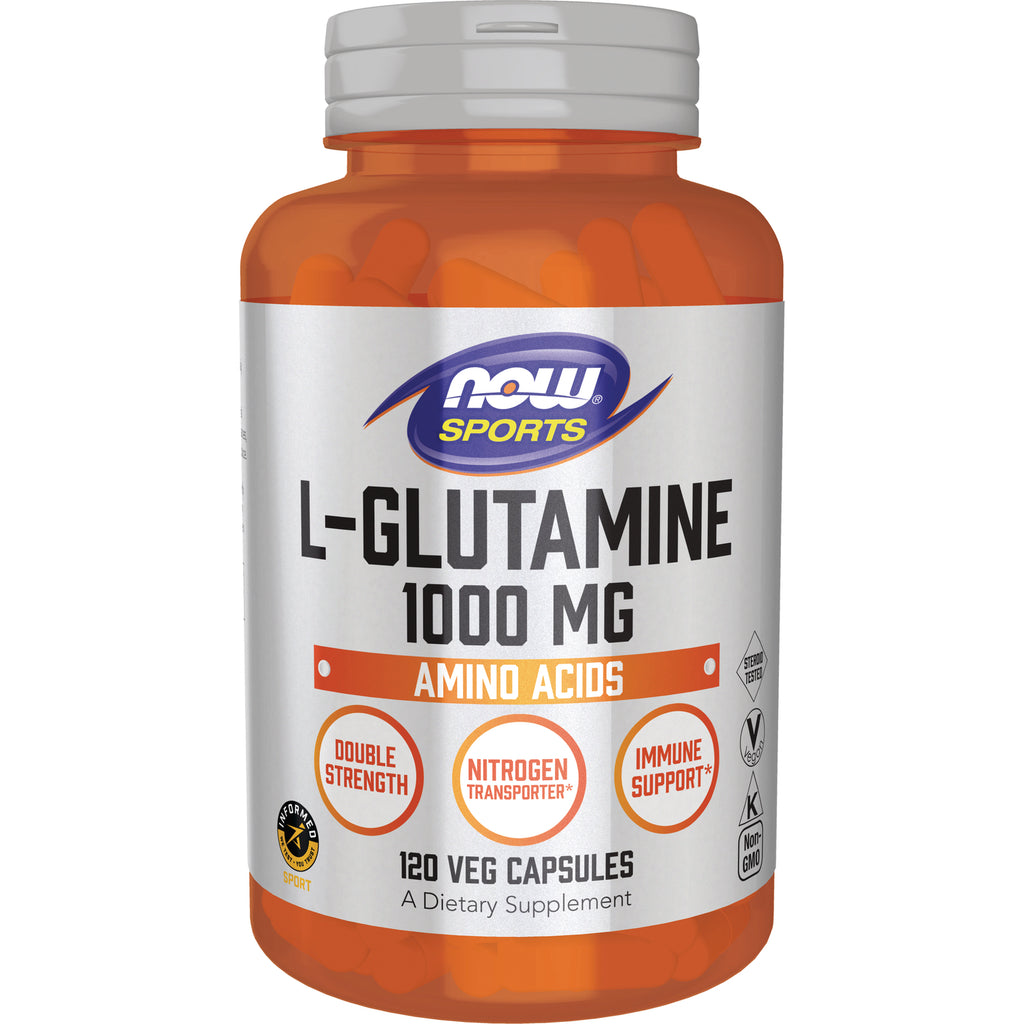 NWF831 | NOW Sports L-Glutamine 1000 MG supplement bottle showing orange veg capsules and label - Thumbnail