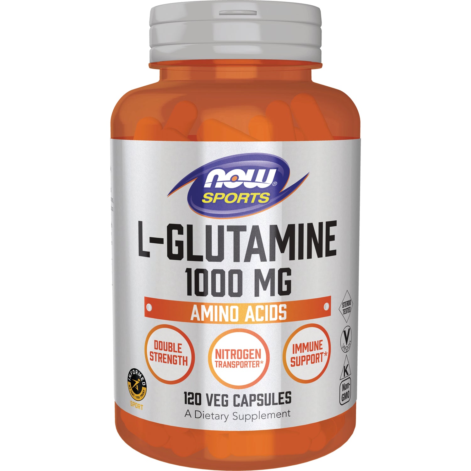 NWF831 | NOW Sports L-Glutamine 1000 MG supplement bottle showing orange veg capsules and label