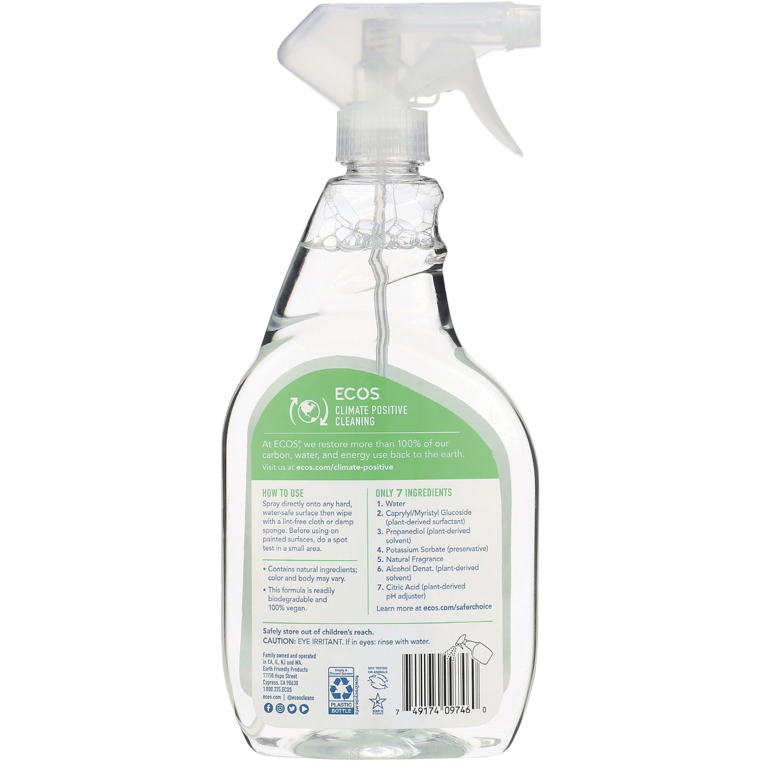 ERF005 | back of clear ECOS spray bottle showing green label with usage directions, ingredients, and barcode