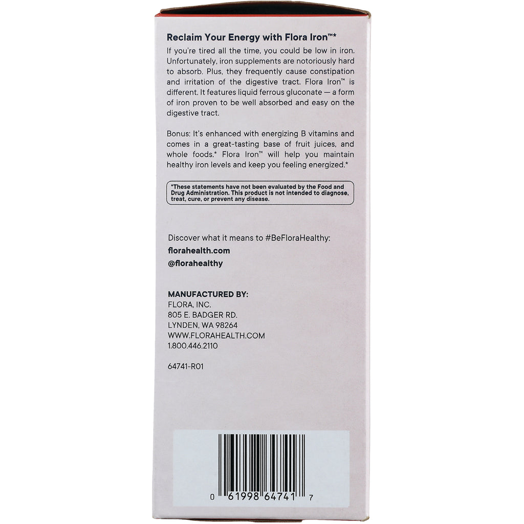 FL102 | back of Flora Iron supplement box showing product information, manufacturer details, and barcode - Thumbnail