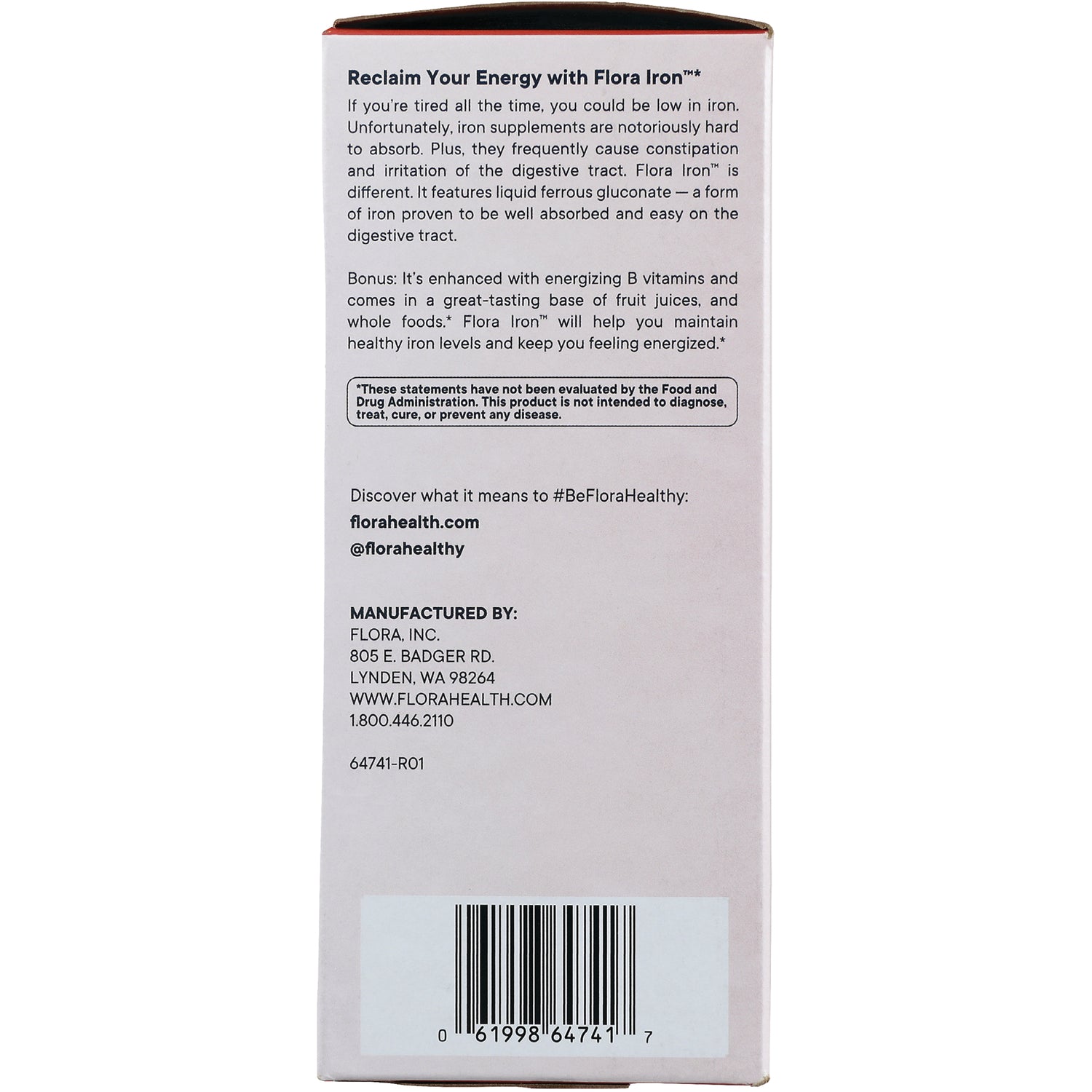 FL102 | back of Flora Iron supplement box showing product information, manufacturer details, and barcode