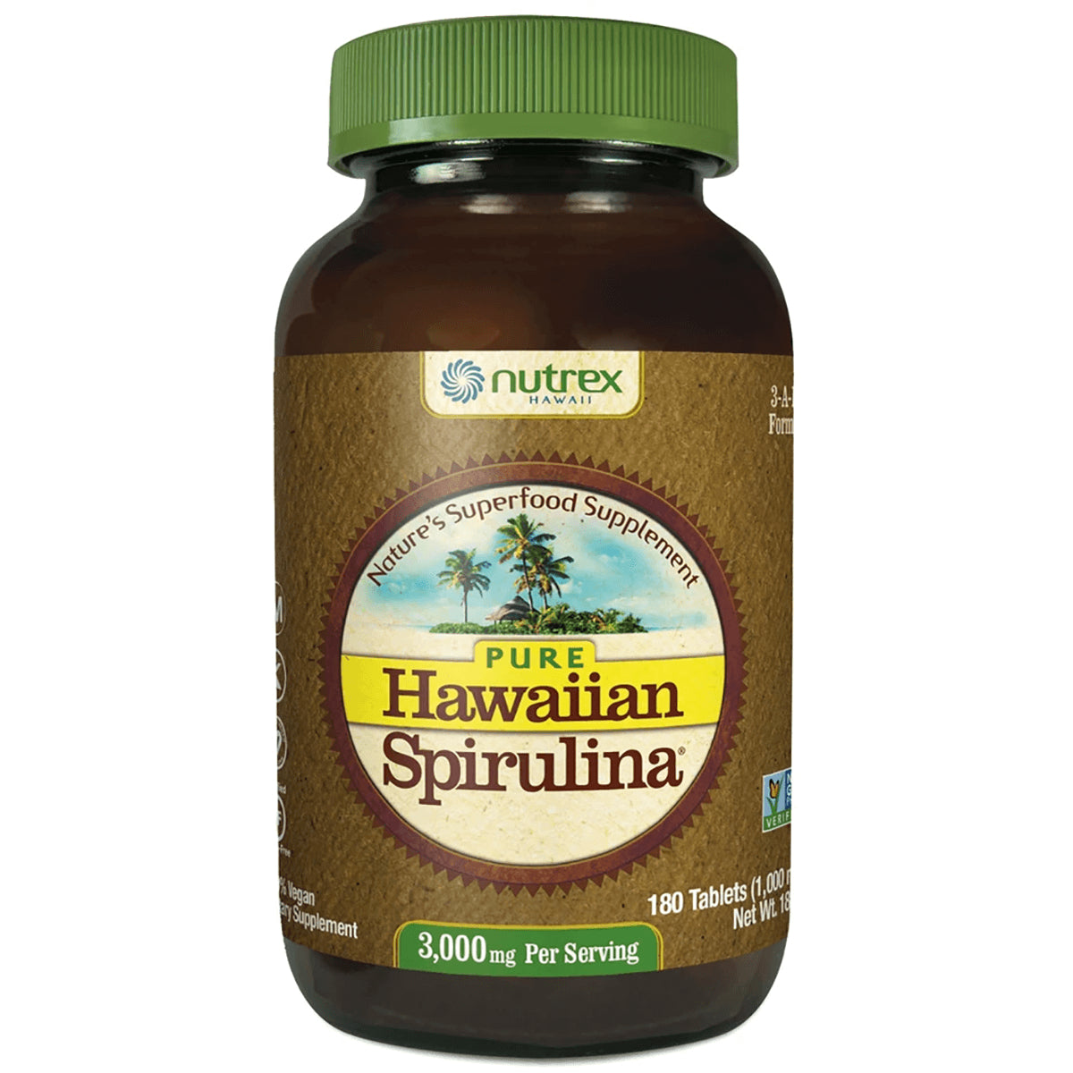 NUT010 | Nutrex Pure Hawaiian Spirulina brown bottle with green lid, label reads 3,000 mg per serving and 180 tablets