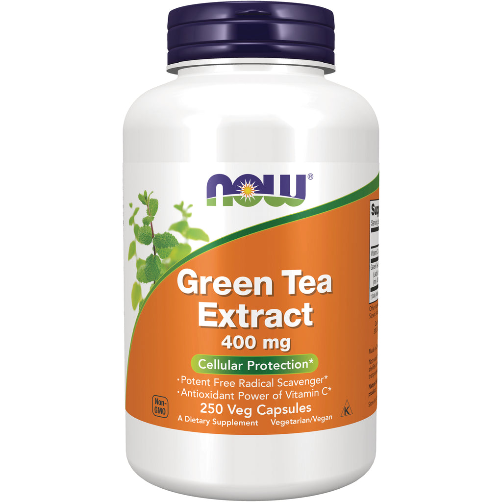 NWF679 | NOW Green Tea Extract 400 mg white bottle with orange label, 250 veg capsules - Thumbnail