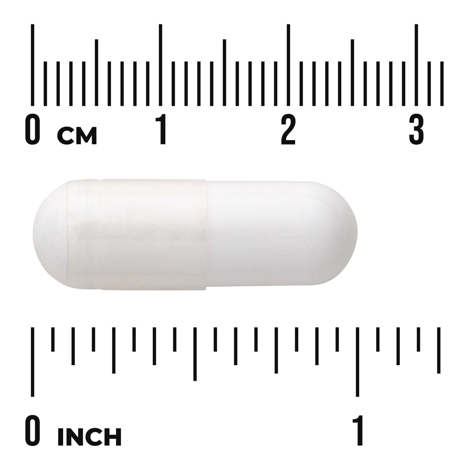 SW1817 | White capsule shown next to cm and inch ruler for size reference