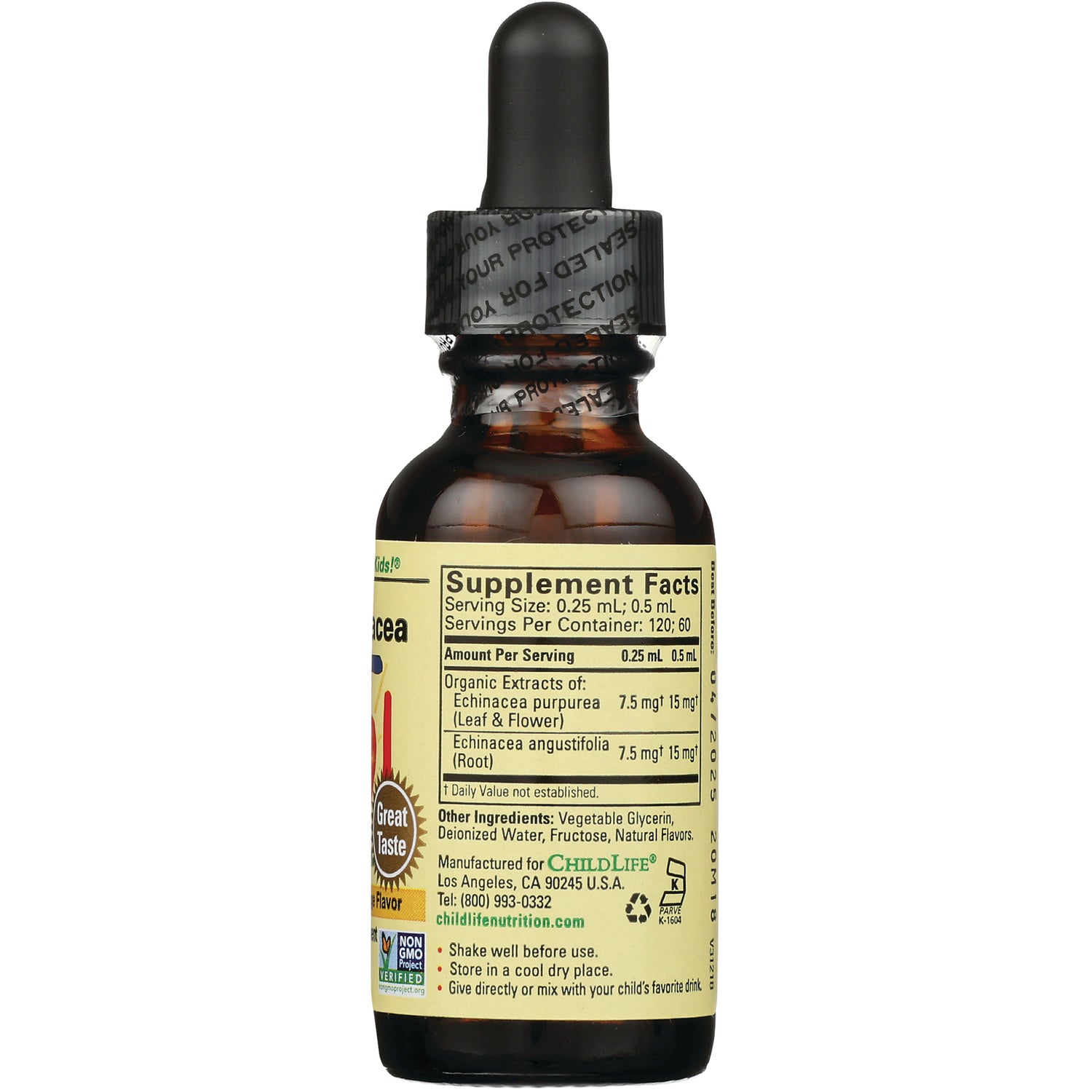 CHL006 | amber dropper bottle back label showing Supplement Facts panel, serving size and ingredients