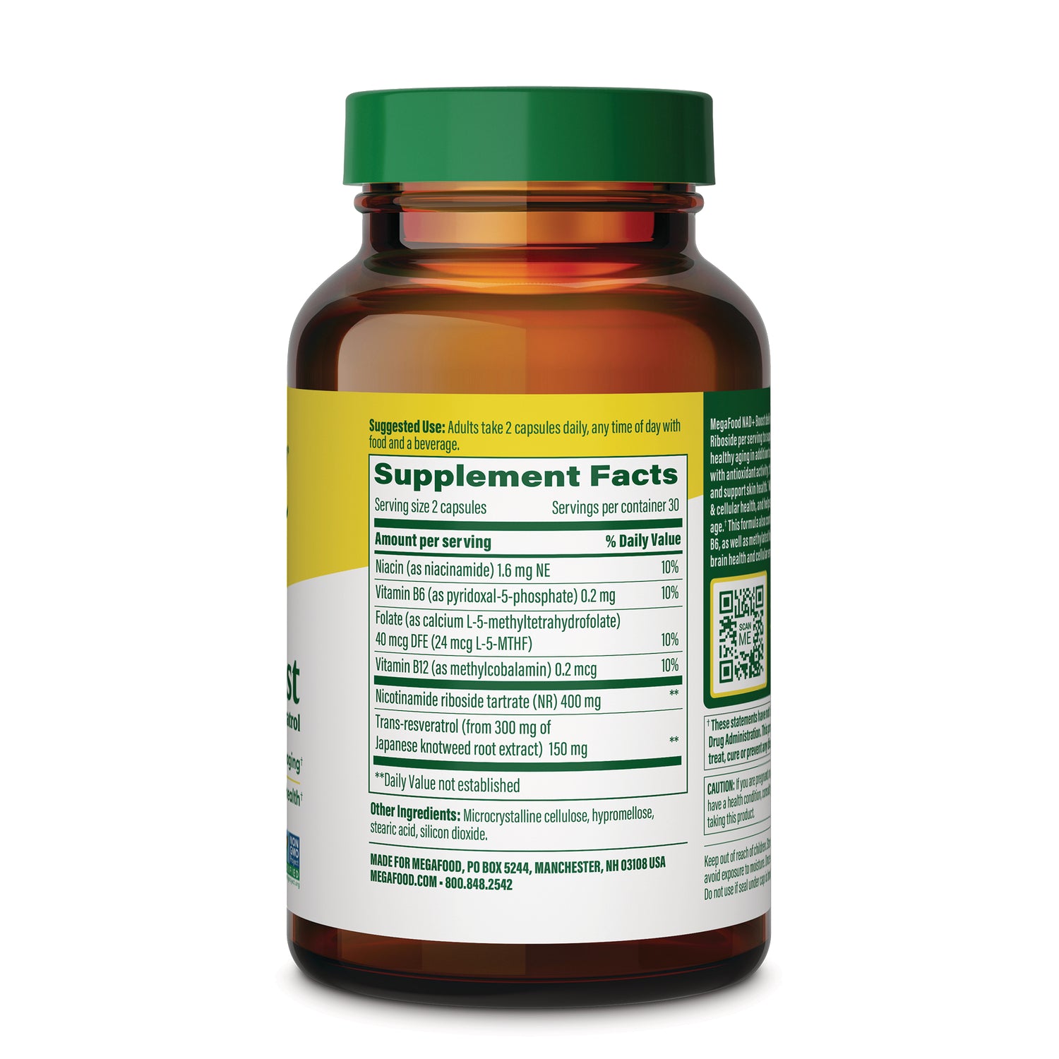 MGF150 | Back of amber supplement bottle showing Supplement Facts label with serving size 2 capsules and ingredients