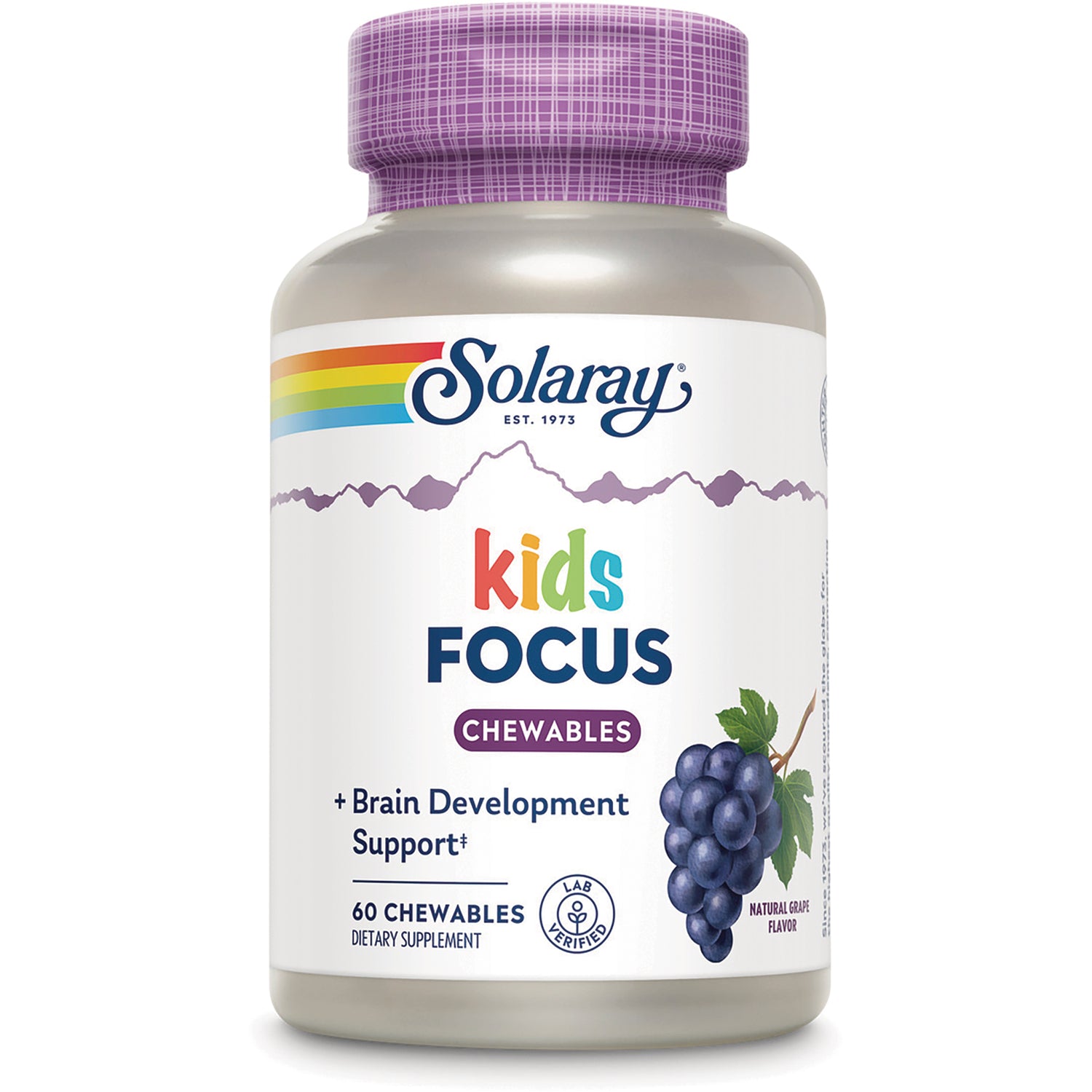 SLR348 | Solaray kids FOCUS chewables bottle with grape illustration, 60 chewables