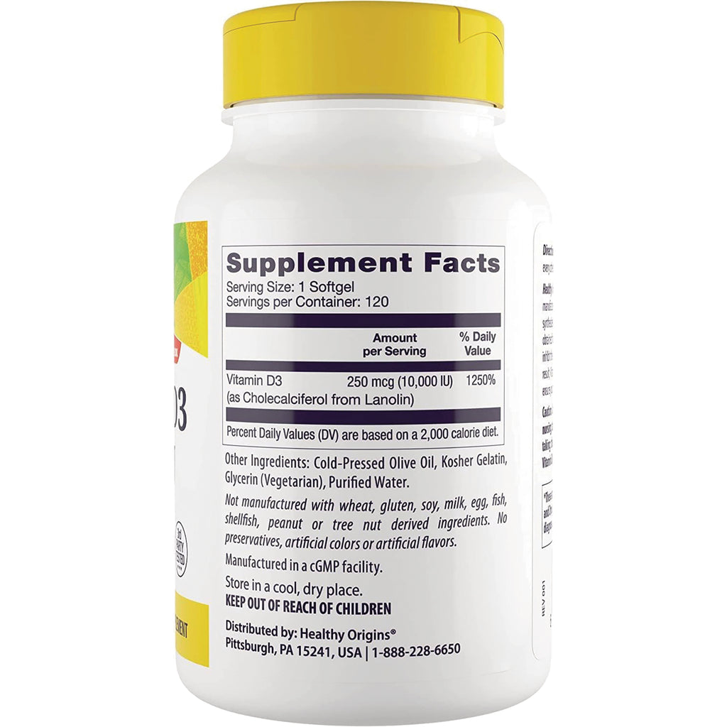 HRG072 | Back of white supplement bottle with yellow cap showing Supplement Facts and Vitamin D3 250 mcg (10,000 IU) label - Thumbnail