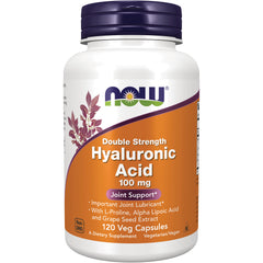 NWF1108 | NOW Double Strength Hyaluronic Acid 100 mg bottle with orange label, 120 Veg Capsules