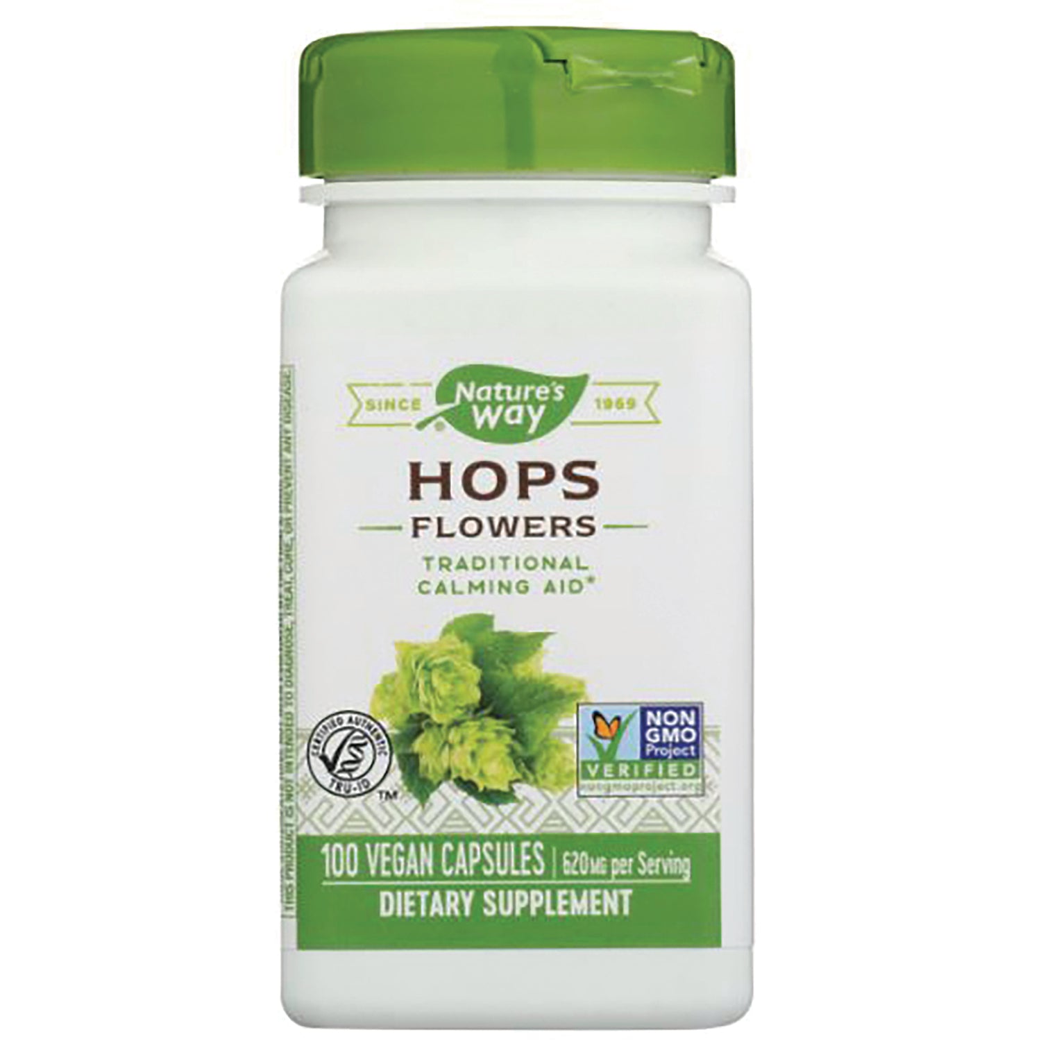 NW937 | Nature's Way HOPS FLOWERS dietary supplement bottle, 100 vegan capsules, green cap