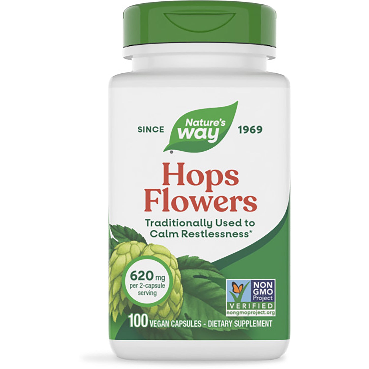 NW937 | Nature's Way HOPS FLOWERS dietary supplement bottle, 100 vegan capsules, green cap