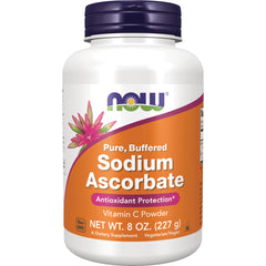 NWF215 | Pure, buffered Sodium Ascorbate Vitamin C powder bottle, 8 oz (227 g), orange NOW label
