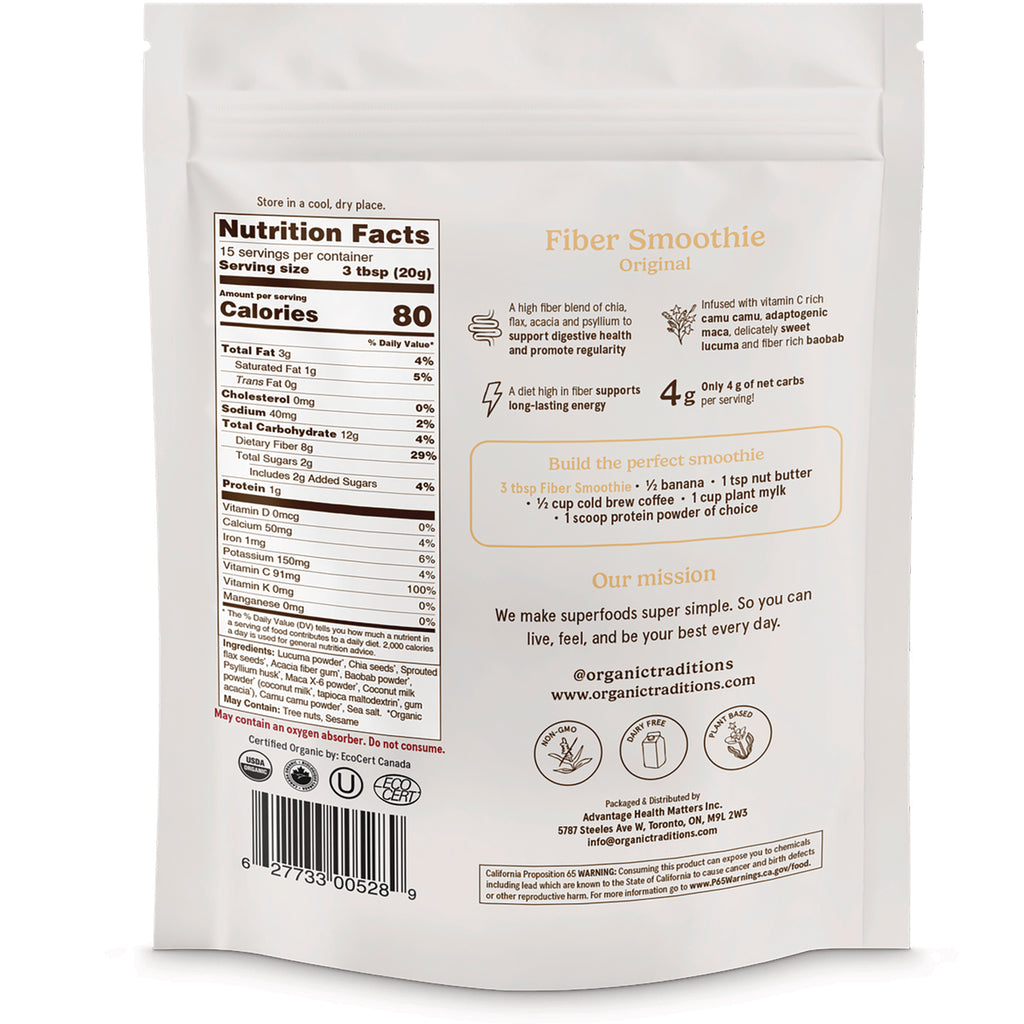 OTR100 | Back of white resealable pouch showing nutrition facts, barcode, and Fiber Smoothie Original product information - Thumbnail