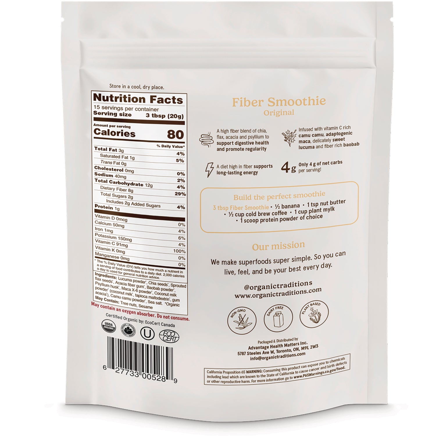 OTR100 | Back of white resealable pouch showing nutrition facts, barcode, and Fiber Smoothie Original product information