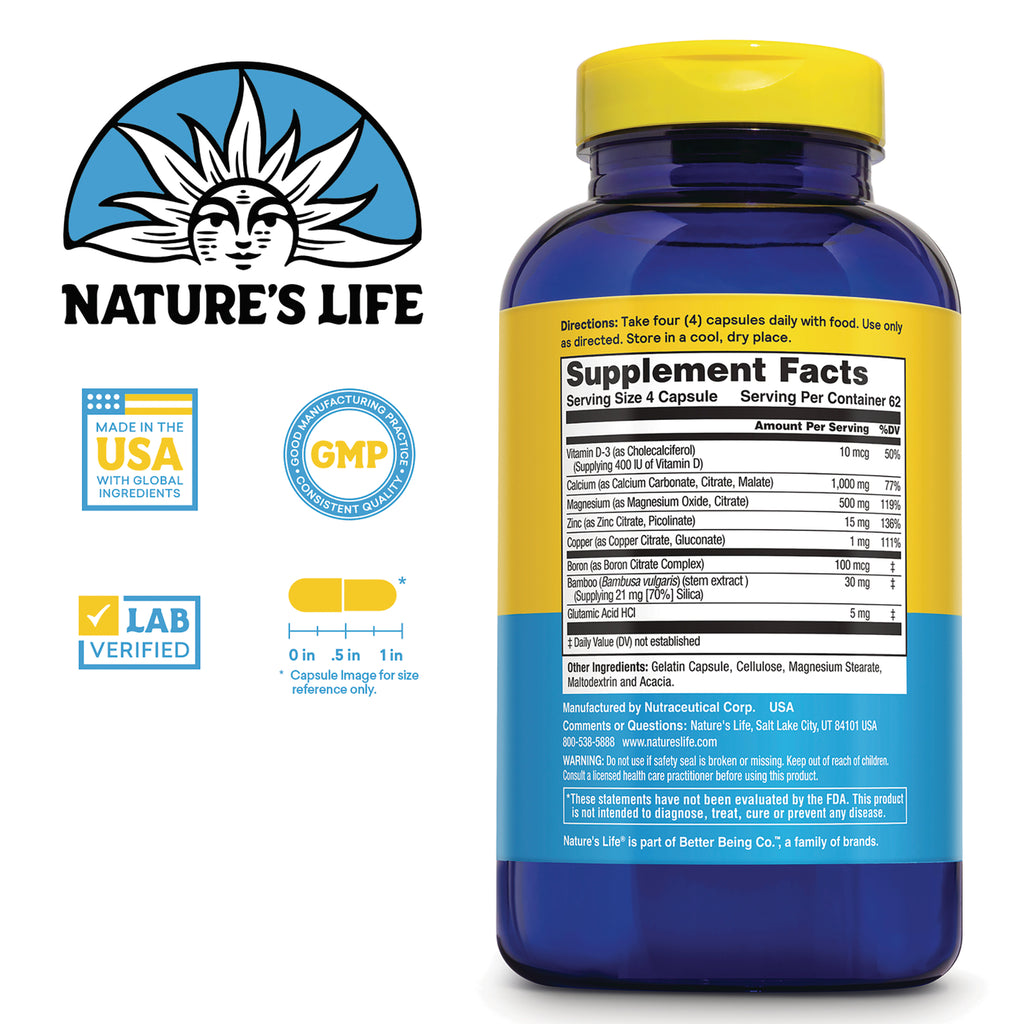 NSL072 | Back of blue Nature's Life supplement bottle showing Supplement Facts label and brand logos - Thumbnail