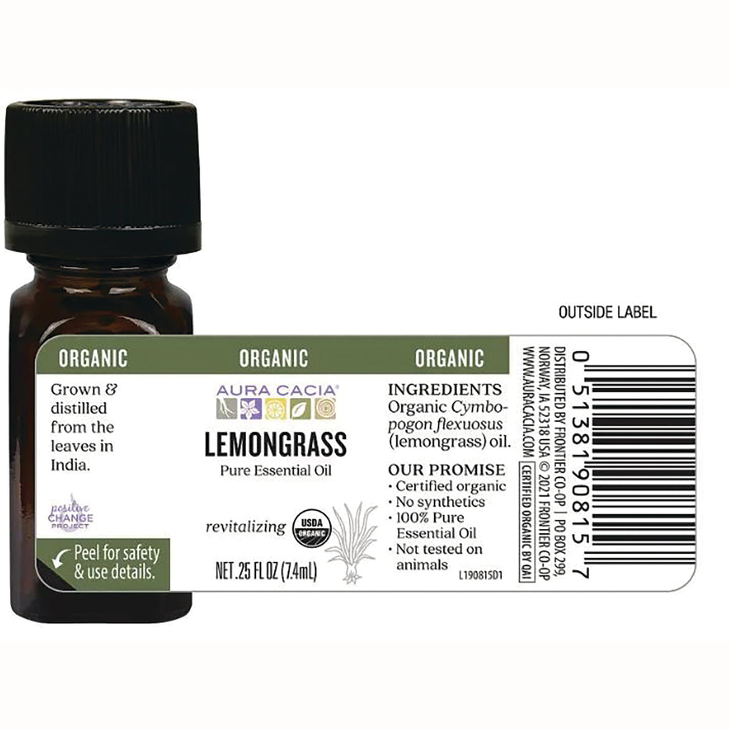 ARC023 | Back label of Aura Cacia Lemongrass pure essential oil bottle showing ingredients, promises, net .25 fl oz and barcode - Thumbnail