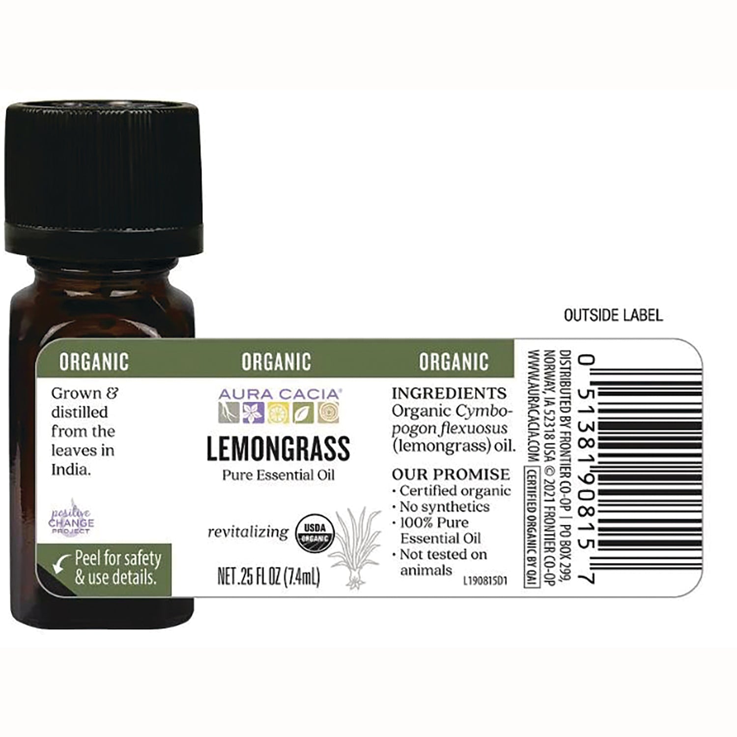 ARC023 | Back label of Aura Cacia Lemongrass pure essential oil bottle showing ingredients, promises, net .25 fl oz and barcode