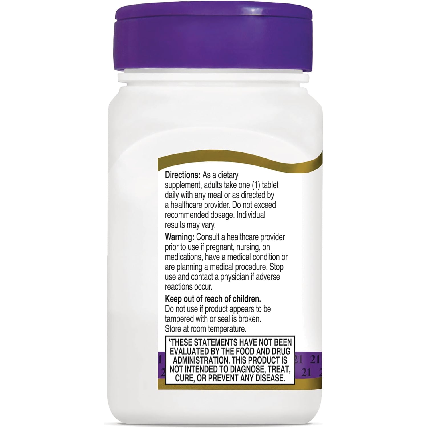 CNT098 | Back of white supplement bottle showing directions, warnings, keep out of reach of children and FDA disclaimer