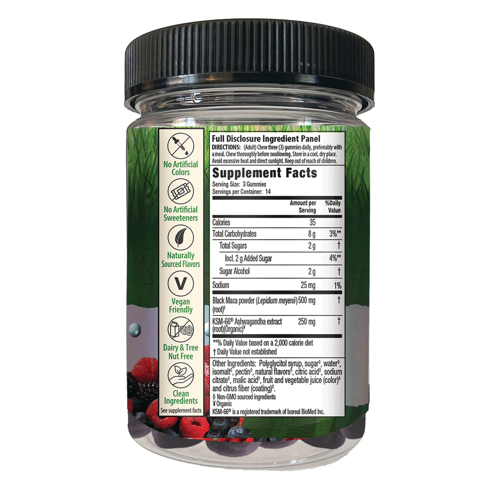 IR306 | back of clear gummy jar showing Supplement Facts panel, ingredient icons, and nutrition facts - Thumbnail
