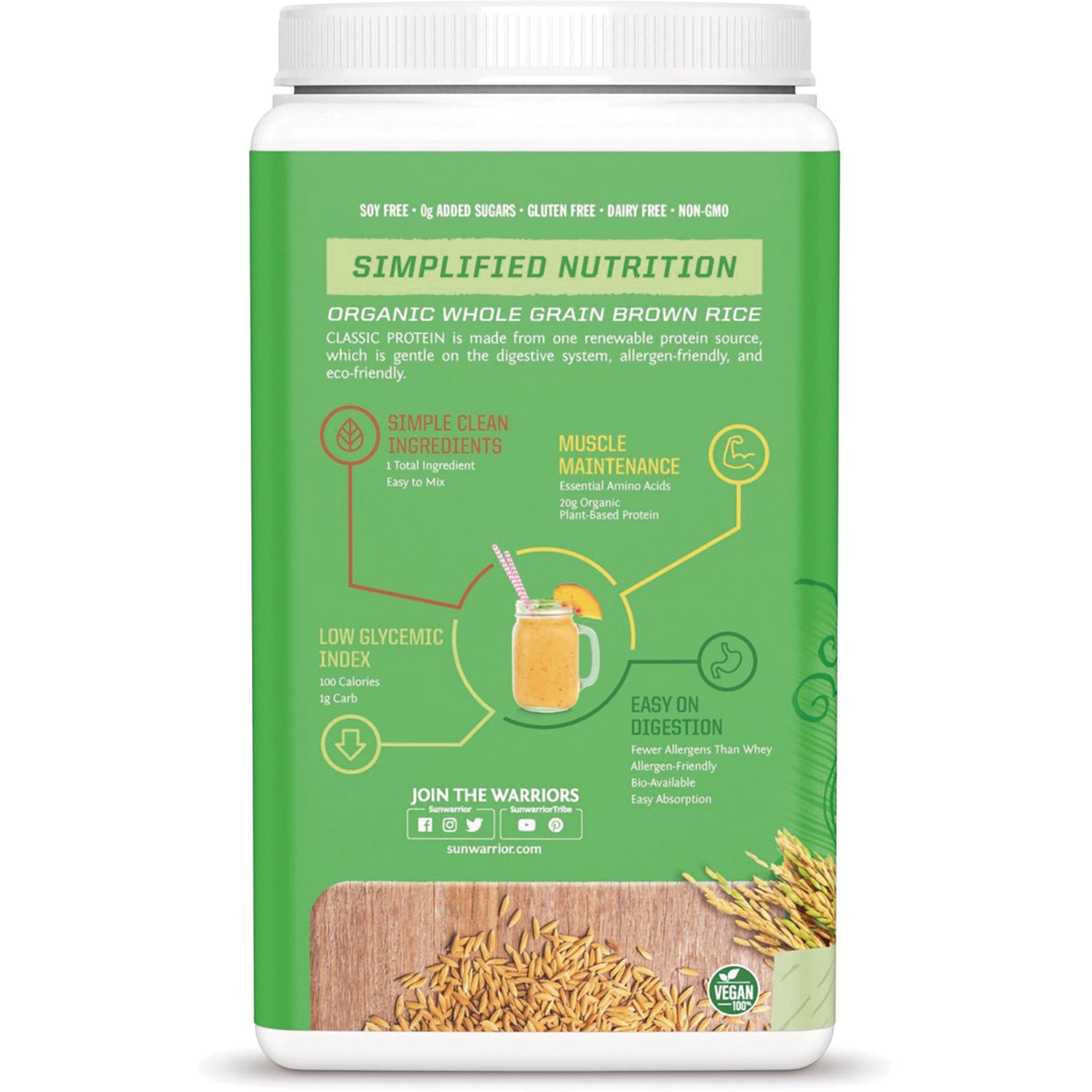 SNW027 | Back label with Simplified Nutrition infographic for Organic Whole Grain Brown Rice protein