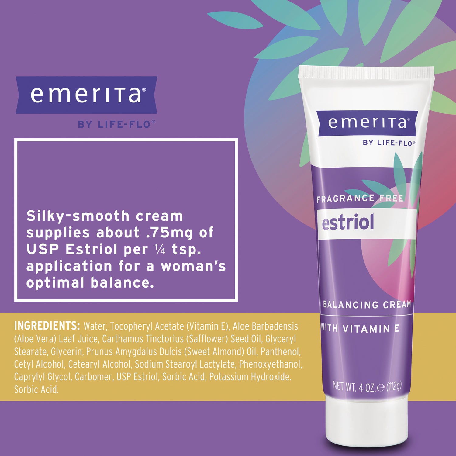 EMR030 | back label of purple Emerita estriol balancing cream tube showing ingredients, usage guidance and net wt 4 oz