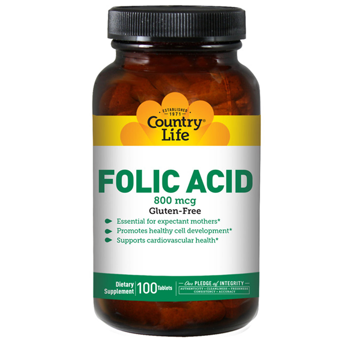 CRL426 | Country Life Folic Acid 800 mcg supplement bottle, gluten-free, 100 tablets