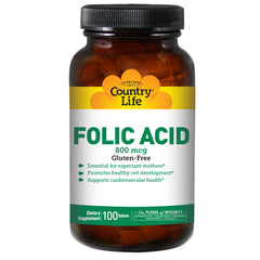 CRL426 | Country Life Folic Acid 800 mcg supplement bottle, gluten-free, 100 tablets